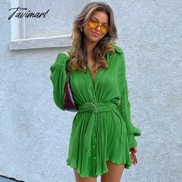 Tavimart Sexy Green Pleated Mini Dress Skinny Puff Sleeve Lace Up Hem Female Summer Lady Party Club