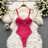 Tavimart Sexy Lace Bodysuit Women Fashion See Through Mesh Jumpsuit Summer Adjustable Spaghetti