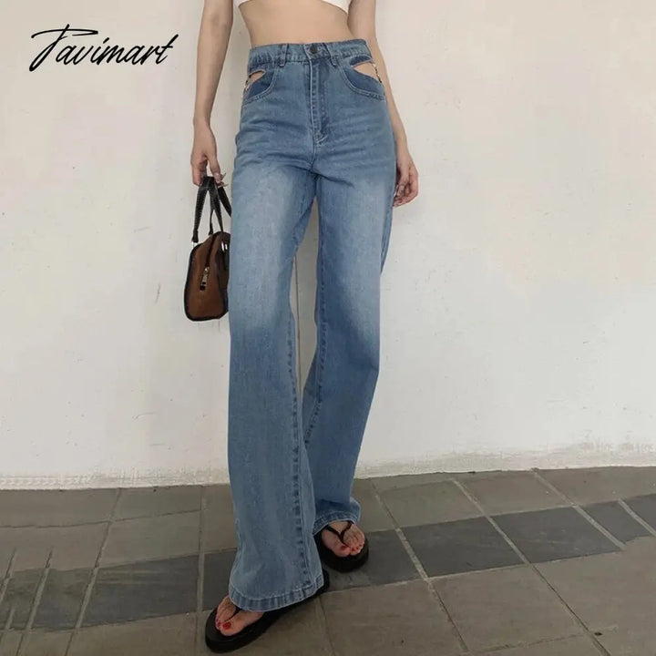 Tavimart Sexy Lace Hollow Out Waist Jeans Women Metal Chain High Denim Pants Female Street Straight