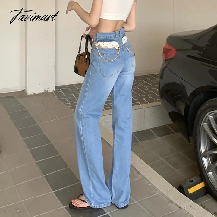 Tavimart Sexy Lace Hollow Out Waist Jeans Women Metal Chain High Denim Pants Female Street Straight