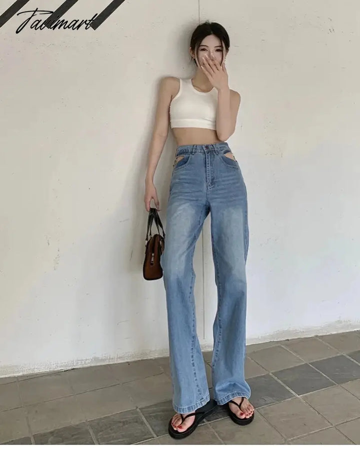 Tavimart Sexy Lace Hollow Out Waist Jeans Women Metal Chain High Denim Pants Female Street Straight