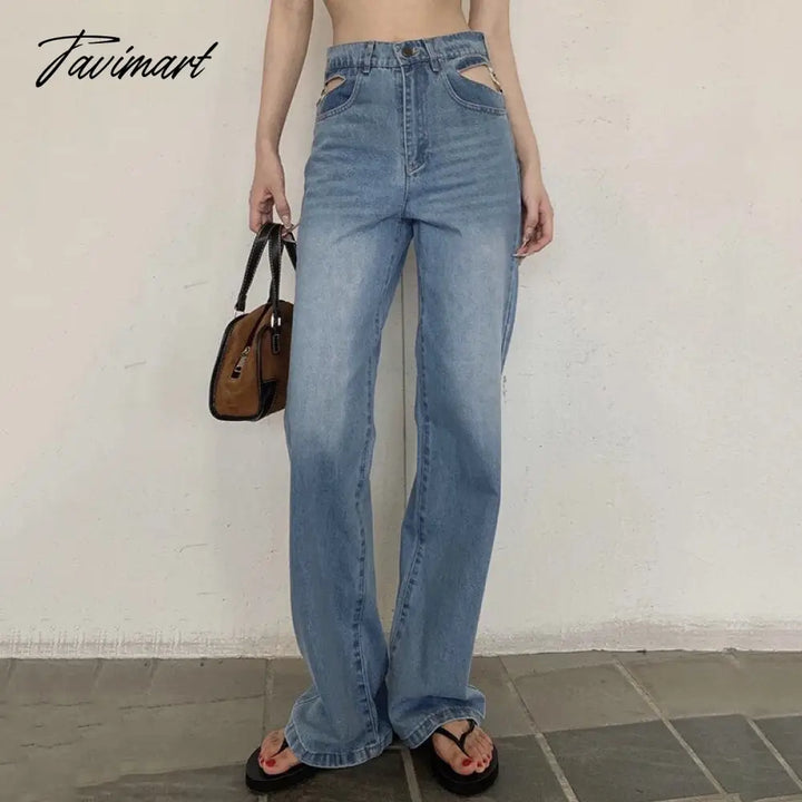 Tavimart Sexy Lace Hollow Out Waist Jeans Women Metal Chain High Denim Pants Female Street Straight