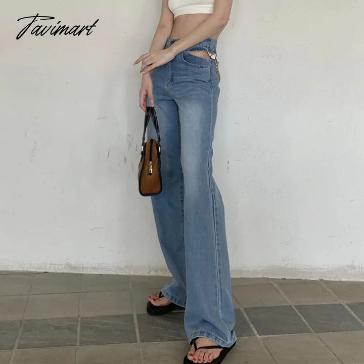 Tavimart Sexy Lace Hollow Out Waist Jeans Women Metal Chain High Denim Pants Female Street Straight