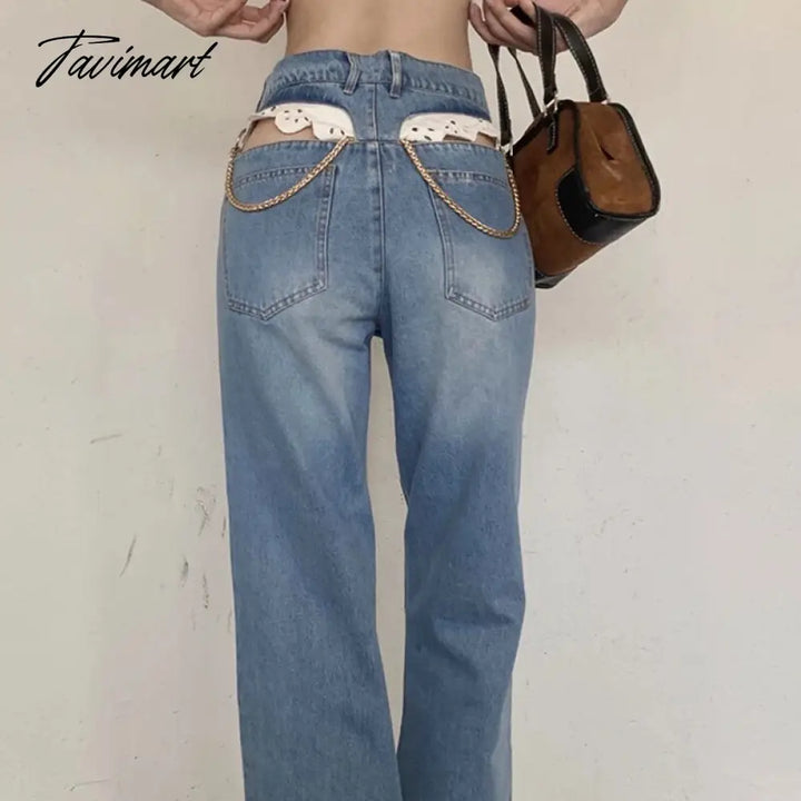 Tavimart Sexy Lace Hollow Out Waist Jeans Women Metal Chain High Denim Pants Female Street Straight