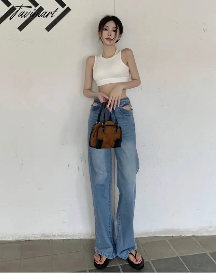 Tavimart Sexy Lace Hollow Out Waist Jeans Women Metal Chain High Denim Pants Female Street Straight