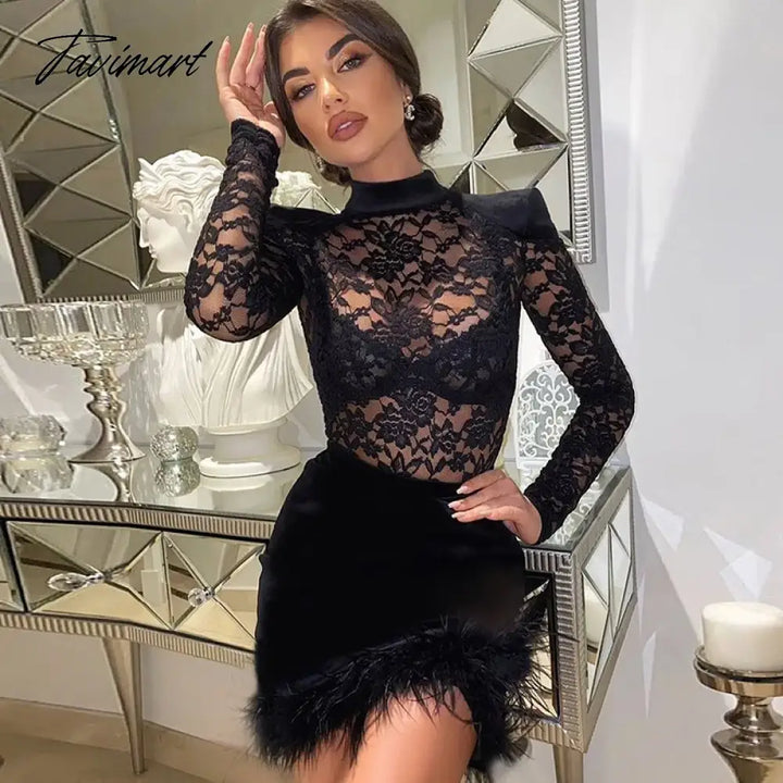 Tavimart Sexy Lace See Through Dress With Feathers Black Bodycon Slim Sheath Long Sleeve Mini