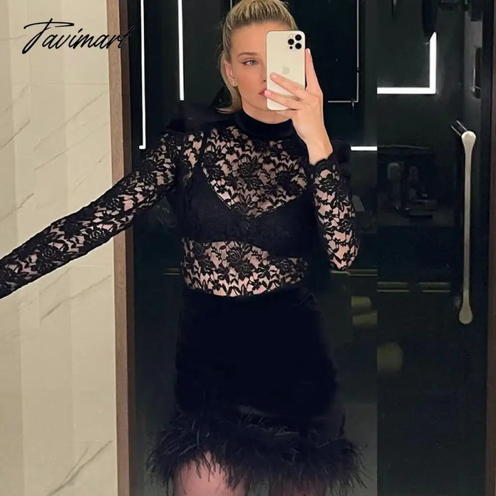 Tavimart Sexy Lace See Through Dress With Feathers Black Bodycon Slim Sheath Long Sleeve Mini