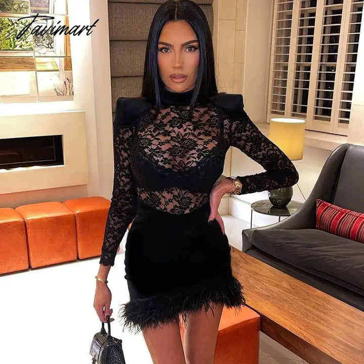 Tavimart Sexy Lace See Through Dress With Feathers Black Bodycon Slim Sheath Long Sleeve Mini