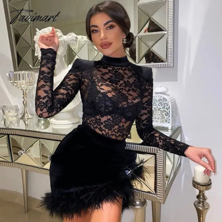 Tavimart Sexy Lace See Through Dress With Feathers Black Bodycon Slim Sheath Long Sleeve Mini