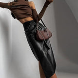 Tavimart Sexy Leather Pu High Waist Black Skirts Bodycon Women Autumn Winter Y2K Pencil Midi Skirt