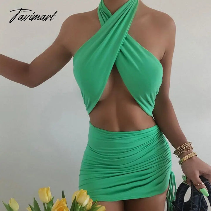 Tavimart Sexy Night Club Dress Women’s Summer New Cross Halter Neck Drawstring Backless Wrapped