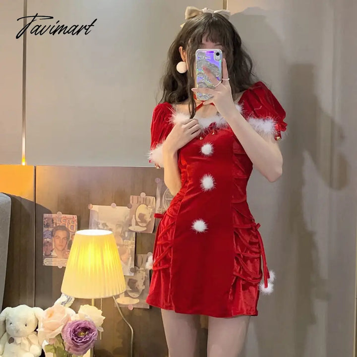 Tavimart Sexy Red Christmas Party Mini Dresses Women Bodycon Korean Fashion Dress Ladies Winter