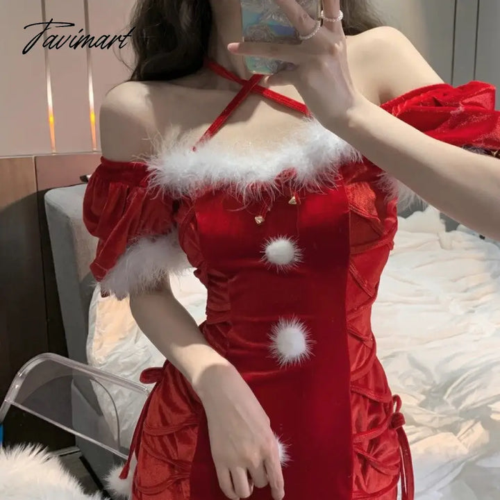 Tavimart Sexy Red Christmas Party Mini Dresses Women Bodycon Korean Fashion Dress Ladies Winter