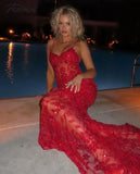 Tavimart - Sexy Red Sequin Transparent Prom Dress Clubwear Spaghetti Straps Birthday Party Evening