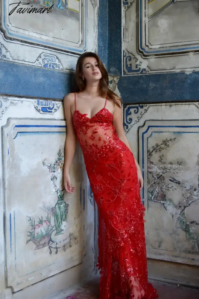 TAVIMART - Sexy Red Sequin Transparent Prom Dress Clubwear Spaghetti S tavimart TAVIMART - Sexy Red Sequin Transparent Prom Dress Clubwear Spaghetti S tavimart