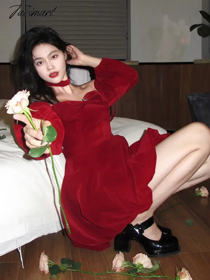 Tavimart Sexy Red Velvet Mini Dress Women Long Sleeve Slash Neck Autum tavimart Tavimart Sexy Red Velvet Mini Dress Women Long Sleeve Slash Neck Autum tavimart