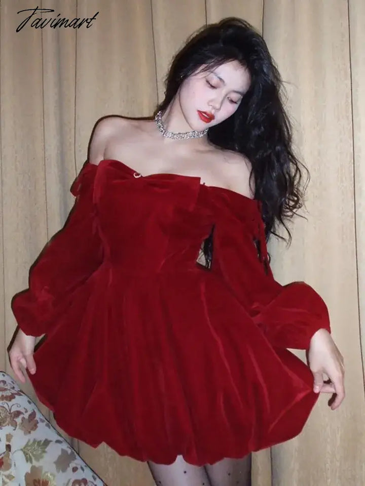 Tavimart Sexy Red Velvet Mini Dress Women Long Sleeve Slash Neck Autum tavimart Tavimart Sexy Red Velvet Mini Dress Women Long Sleeve Slash Neck Autum tavimart