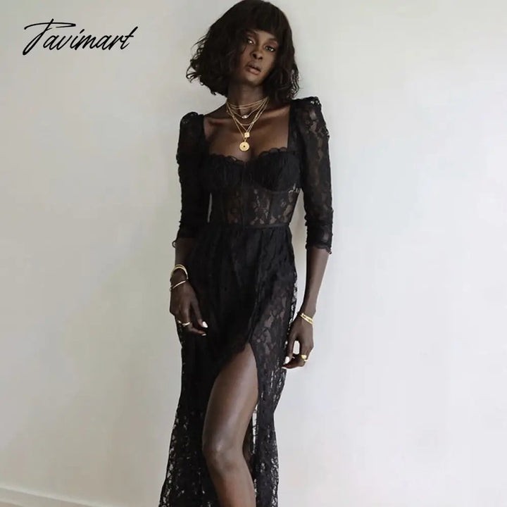 Tavimart Sexy See - Through Lace Dress Summer Women Clothes Square Neck Nine - Quarter Sleeve Black