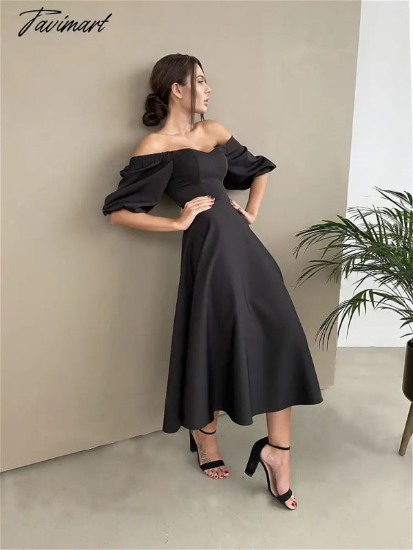 Tavimart Sexy Slash Neck High Waist A Line Midi Dress Half Sleeve Elegant Party Evening Wear Spring