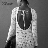 Tavimart Sexy Slim Hollow Out Backless Lace Up Dress Women Long Sleeve White Knitted Autumn Winter