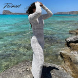 Tavimart Sexy Slim Hollow Out Backless Lace Up Dress Women Long Sleeve White Knitted Autumn Winter