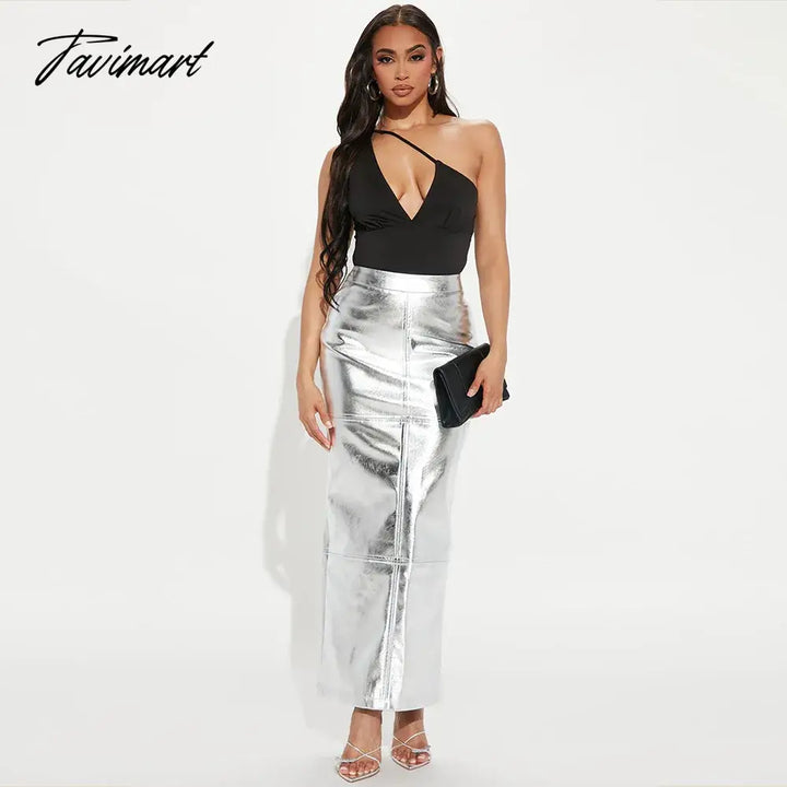 Tavimart Sexy Sparkly Slit Long Skirts Women High Waist Metallic Green Slim Maxi Skirt Summer