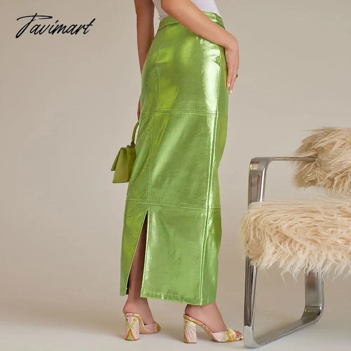 Tavimart Sexy Sparkly Slit Long Skirts Women High Waist Metallic Green Slim Maxi Skirt Summer