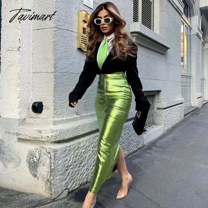 Tavimart Sexy Sparkly Slit Long Skirts Women High Waist Metallic Green Slim Maxi Skirt Summer