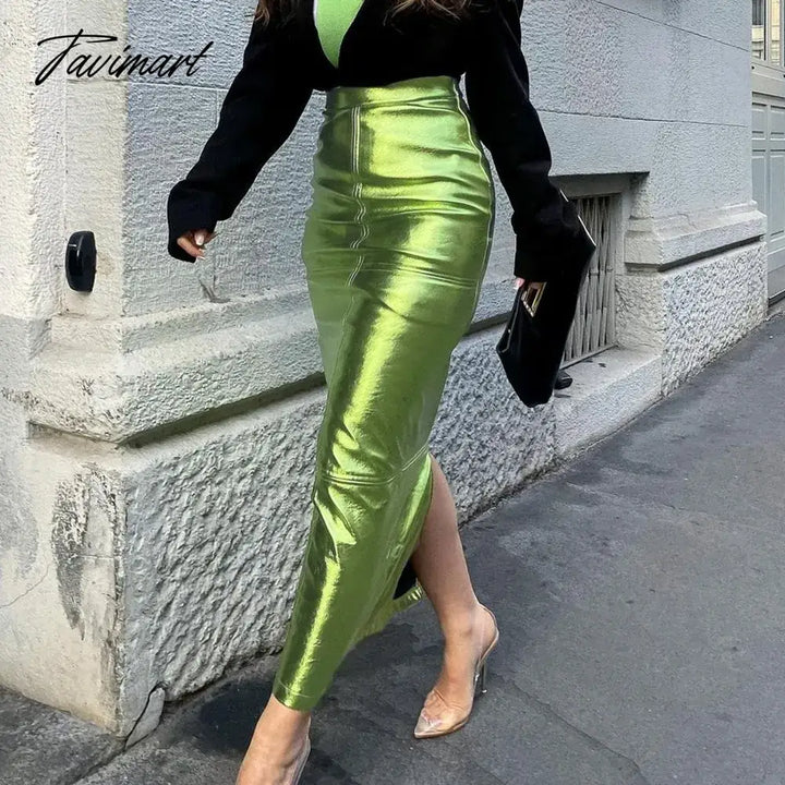 Tavimart Sexy Sparkly Slit Long Skirts Women High Waist Metallic Green Slim Maxi Skirt Summer