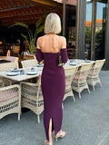 Tavimart - Sexy Strapless Ruffled Women Maxi Dress Fashion Solid Backless Split Bodycon Dresses