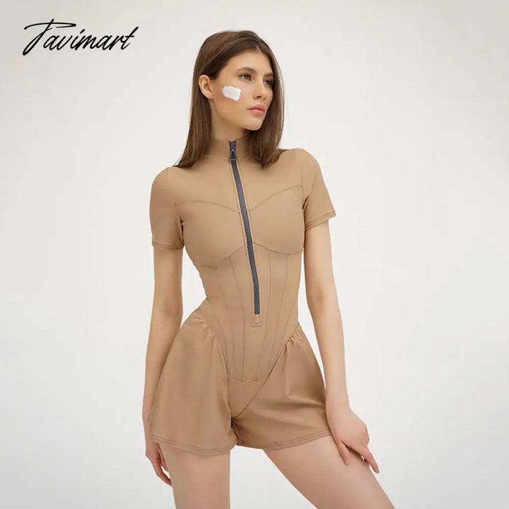 Tavimart Sexy Tight Short Skirt Jumpsuit Fall Summer Women’s Crew Neck Sleeve Zipper Leggings