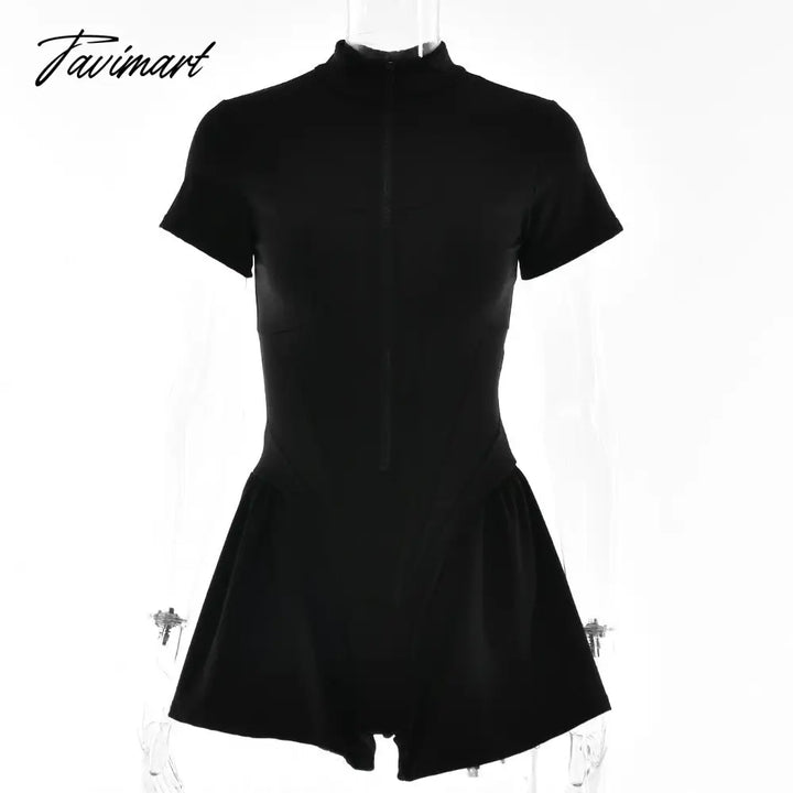 Tavimart Sexy Tight Short Skirt Jumpsuit Fall Summer Women’s Crew Neck Sleeve Zipper Leggings