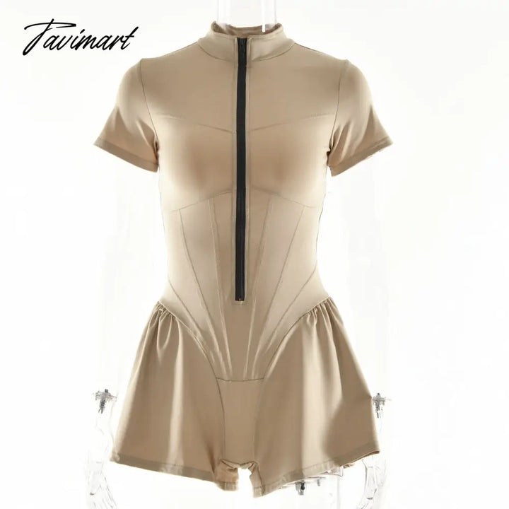 Tavimart Sexy Tight Short Skirt Jumpsuit Fall Summer Women’s Crew Neck Sleeve Zipper Leggings