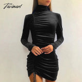 Tavimart Sexy Turtleneck Draw String Bodycon Dress Autumn Suede Long Sleeve Folds Night Club Mini