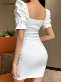 Tavimart Sexy V Neck Belt Bodycon White Dress Summer Puff Sleeve Backless Fashion High Waist Solid
