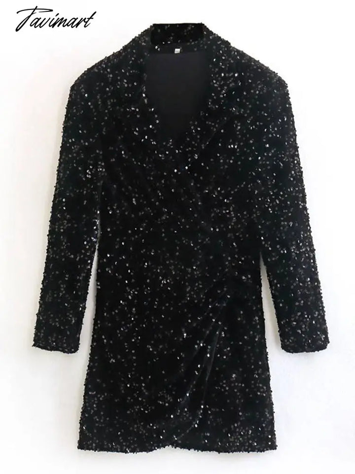 Tavimart Sexy V - Neck Sequins Glitter Mini Dress Women Fashion Long Sleeve Dresses Elegant Chic