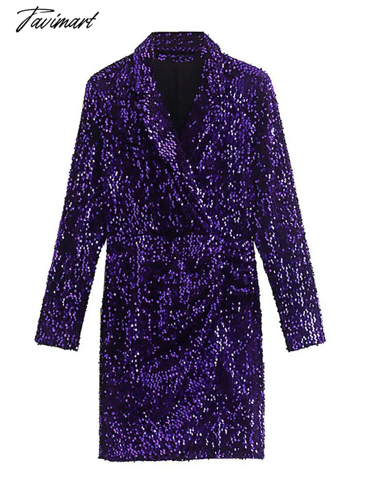 Tavimart Sexy V - Neck Sequins Glitter Mini Dress Women Fashion Long Sleeve Dresses Elegant Chic