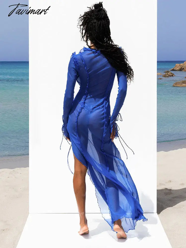 Tavimart Sexy V Neck Split Perspective Ruffle Drawstring Tight Beach Dress For Women Summer Elegant