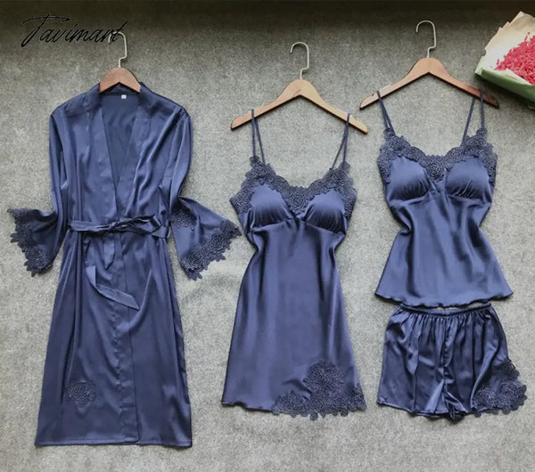 Tavimart Sexy Women Robe & Gown Sets Lace Bathrobe + Night Dress 4 Four Pieces Sleepwear Womens