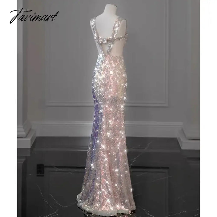 Tavimart - Shiny Pink Mermaid Evening Dresses Bowknot Sequined Beading Detachable Tailing Halter