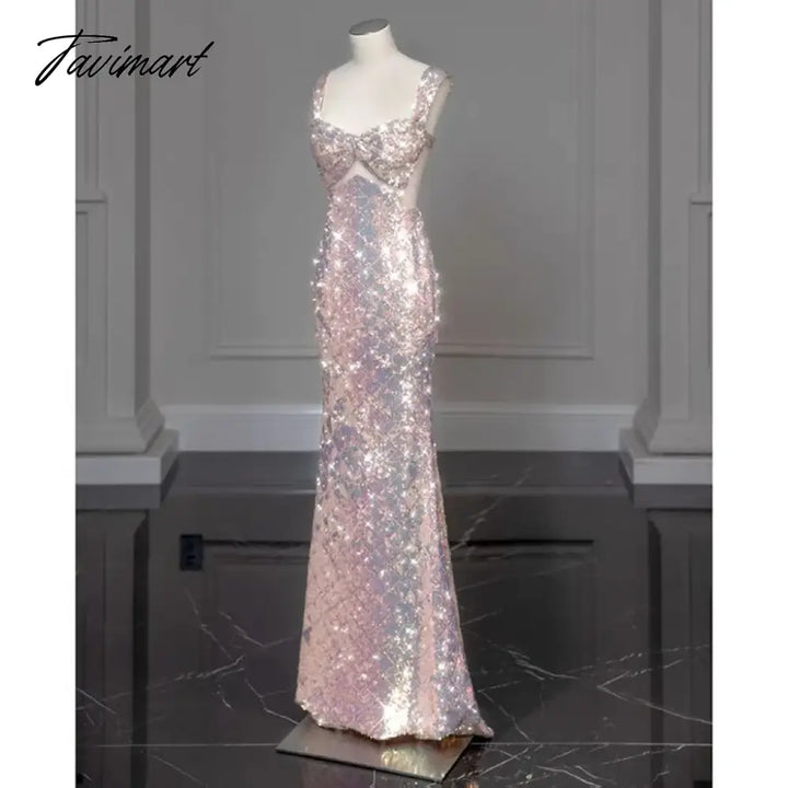 Tavimart - Shiny Pink Mermaid Evening Dresses Bowknot Sequined Beading Detachable Tailing Halter