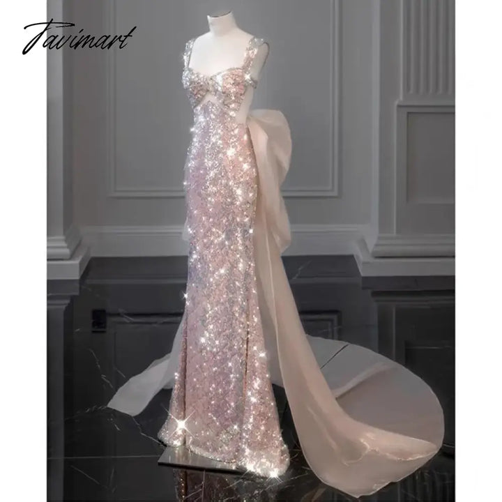 Tavimart - Shiny Pink Mermaid Evening Dresses Bowknot Sequined Beading Detachable Tailing Halter