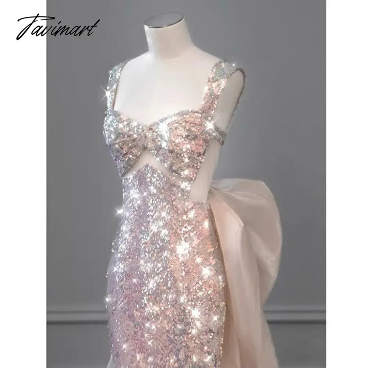 Tavimart - Shiny Pink Mermaid Evening Dresses Bowknot Sequined Beading Detachable Tailing Halter