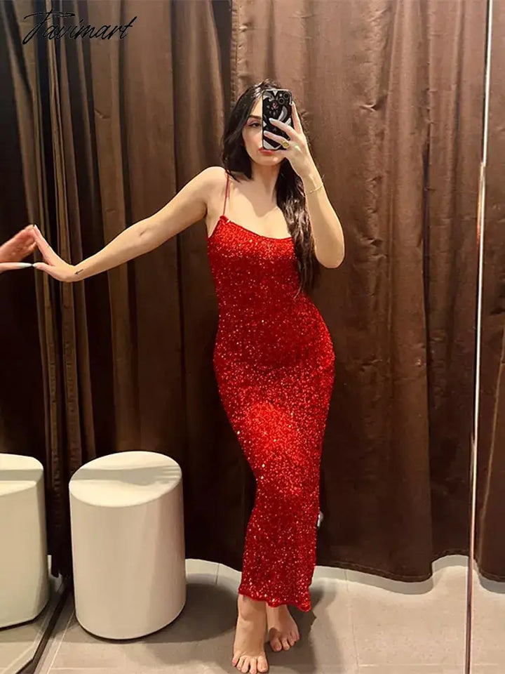 Tavimart - Shiny Sequins Sleeveless Bodycon Midi Dress Women Fashion Red Backless Sling Vestidos