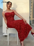 TAVIMART -  Shiny Sequins Sleeveless Bodycon Midi Dress Women Fashion Red Backless Sling Vestidos 2024 Spring Lady Elegant Party Club Robes