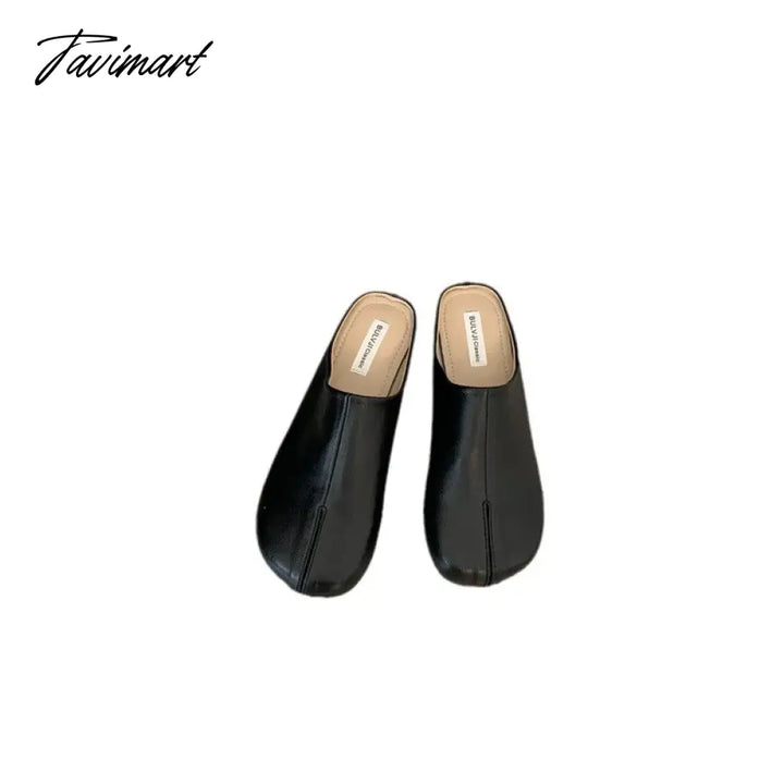 Tavimart - Shoes Beige Heeled Sandals Slippers Flat Shallow Slides Low Black Rubber Soft Fabric Pu