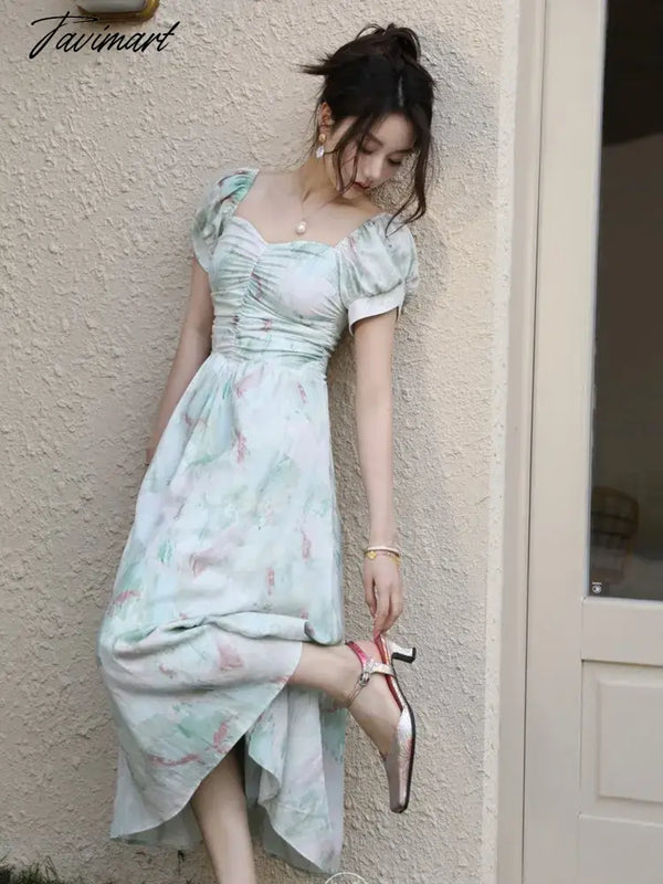 Tavimart - Short Sleeve Floral Midi Dress Office Lady Summer Beach Style French Elegant Women