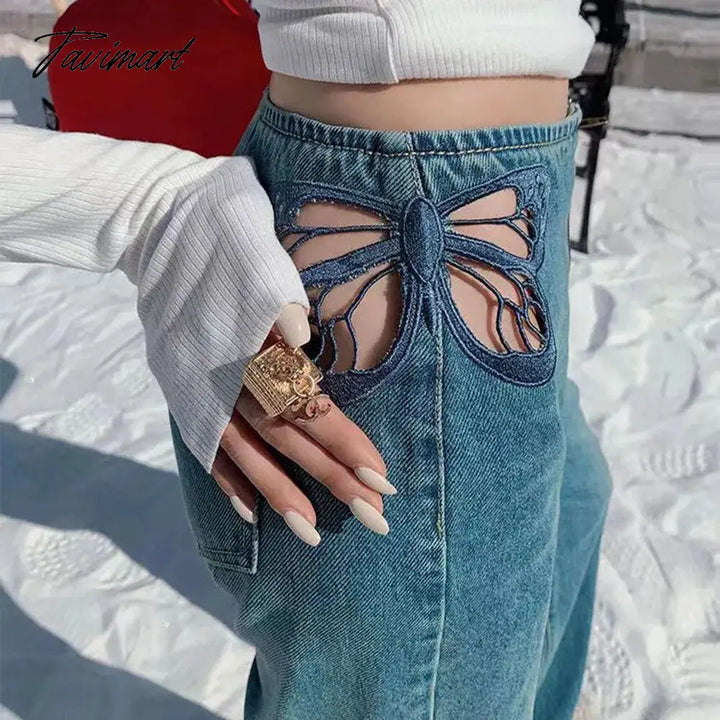 Tavimart Side Butterfly Jeans Women Sexy Hollow Embroidery Long Pants Women’s All Match Casual