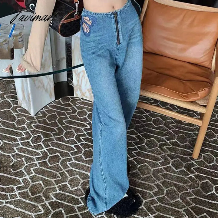 Tavimart Side Butterfly Jeans Women Sexy Hollow Embroidery Long Pants Women’s All Match Casual