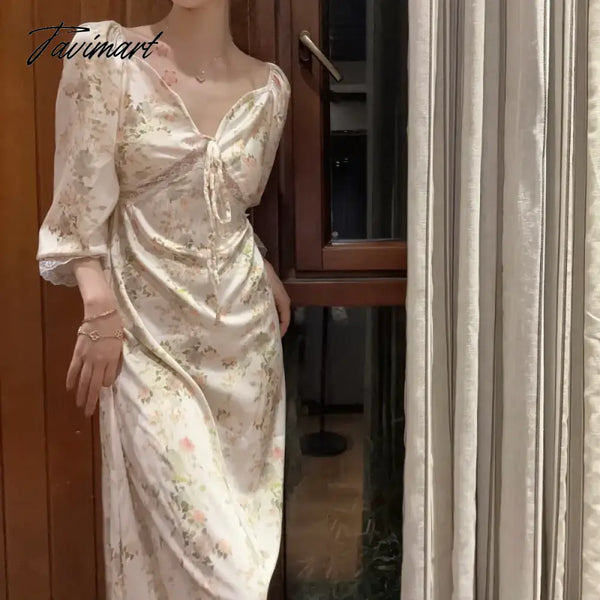 Tavimart Silk Nightgown Victorian Style Princess Sleepwear Long Woman Floral Print Summer Sleeve